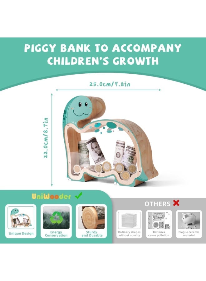 Bukela Wooden Dinosaur Piggy Bank for Kids, Unbreakable Brachiosaurus Money Coin Bank, DIY Personalizable Dino Kids Safe Money Box with Stickers, Toddler Birthday, for Boys, Girls - Image 3