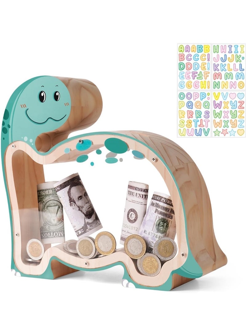 Bukela Wooden Dinosaur Piggy Bank for Kids, Unbreakable Brachiosaurus Money Coin Bank, DIY Personalizable Dino Kids Safe Money Box with Stickers, Toddler Birthday, for Boys, Girls - Image 1