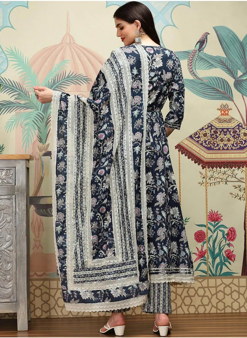 آي شين Women's Multicolour 100% Cotton Self Design Full Length Palazzo Kurta Set