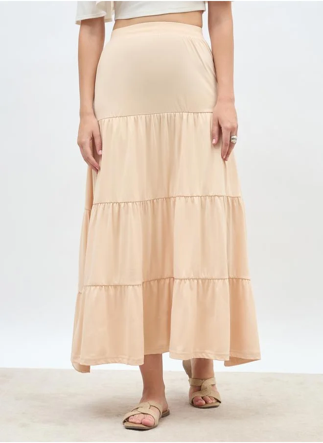 Styli Styli Solid Knitted Tiered Maxi Skirt with Elasticated Waistband