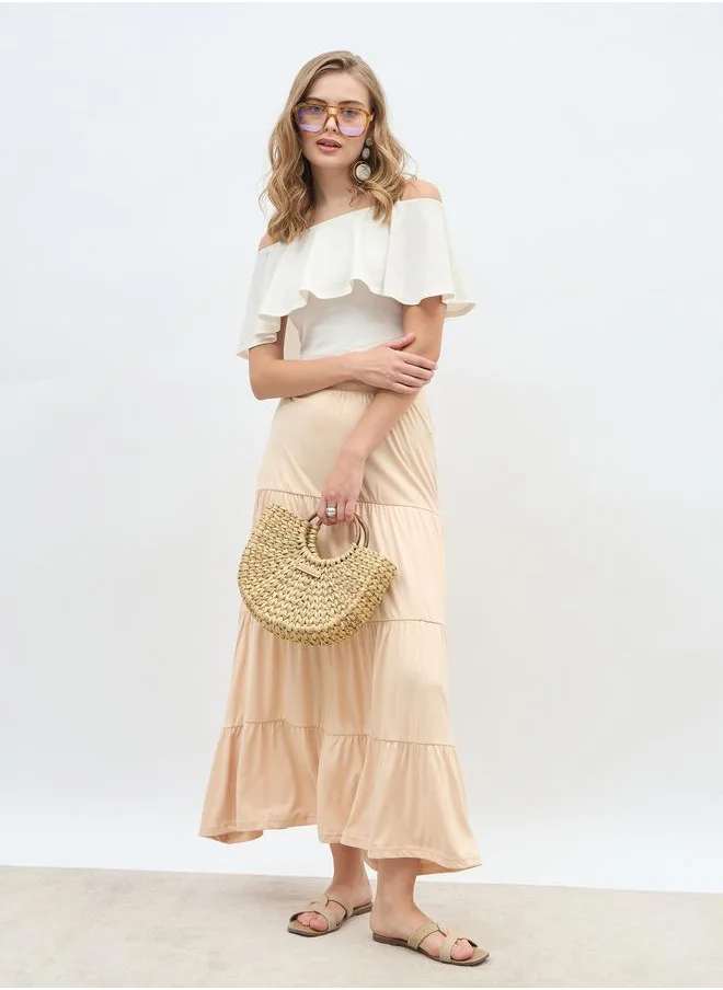 Styli Styli Solid Knitted Tiered Maxi Skirt with Elasticated Waistband
