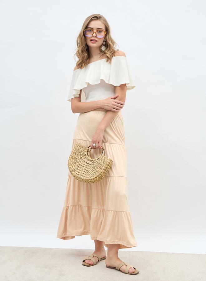 Styli Styli Solid Knitted Tiered Maxi Skirt with Elasticated Waistband  - Image 1