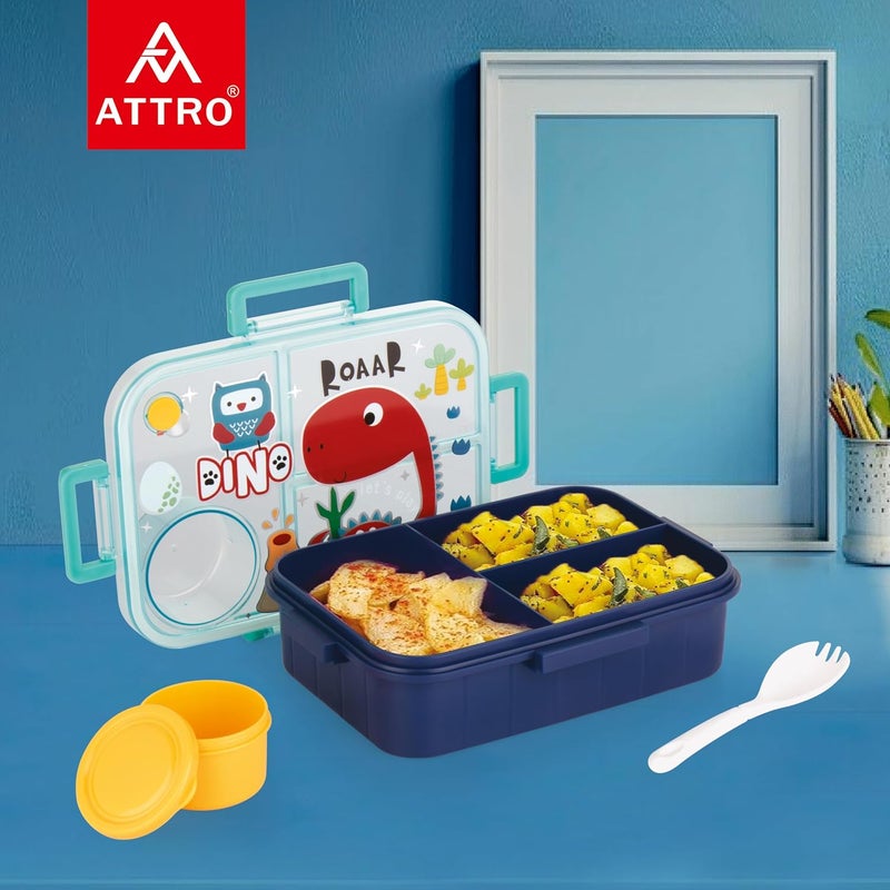 ATTRO Arista Kids Plastic Lunch Box Dinosaur Printed with 3 Compartment 1 Small Container Air-Tight Leakproof BPA Free 1200ml+80ml- Dark Blue - Image 5
