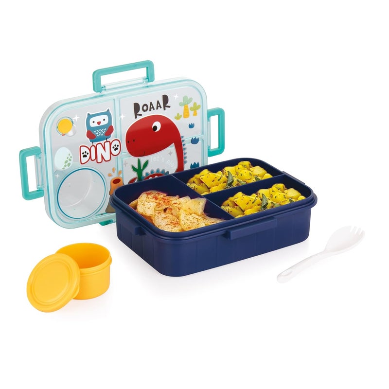 ATTRO Arista Kids Plastic Lunch Box Dinosaur Printed with 3 Compartment 1 Small Container Air-Tight Leakproof BPA Free 1200ml+80ml- Dark Blue - Image 1
