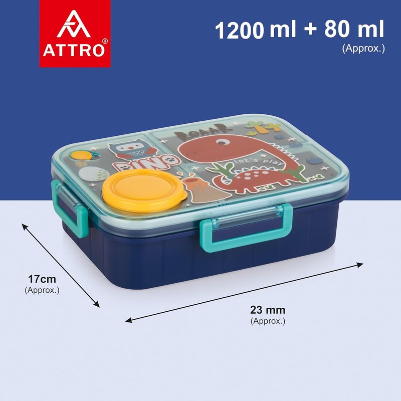 ATTRO Arista Kids Plastic Lunch Box Dinosaur Printed with 3 Compartment 1 Small Container Air-Tight Leakproof BPA Free 1200ml+80ml- Dark Blue - Image 4