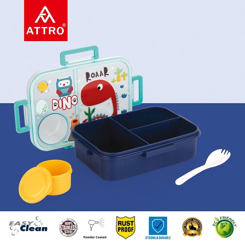 ATTRO Arista Kids Plastic Lunch Box Dinosaur Printed with 3 Compartment 1 Small Container Air-Tight Leakproof BPA Free 1200ml+80ml- Dark Blue - Image 3