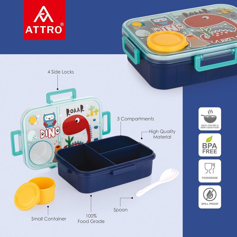 ATTRO Arista Kids Plastic Lunch Box Dinosaur Printed with 3 Compartment 1 Small Container Air-Tight Leakproof BPA Free 1200ml+80ml- Dark Blue - Image 2