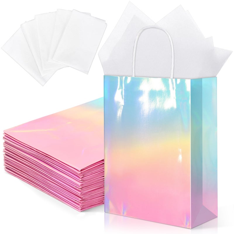 MIMIND 24 Pack Iridescent Paper Gift Bags with Handles Holographic Party Favor Bags with Tissue Paper 8.7 x 6.3 x 3.1 Inch Glitter Gradient Pink and Blue Goodie Candy Bag for Wedding Birthday Parties - Image 1