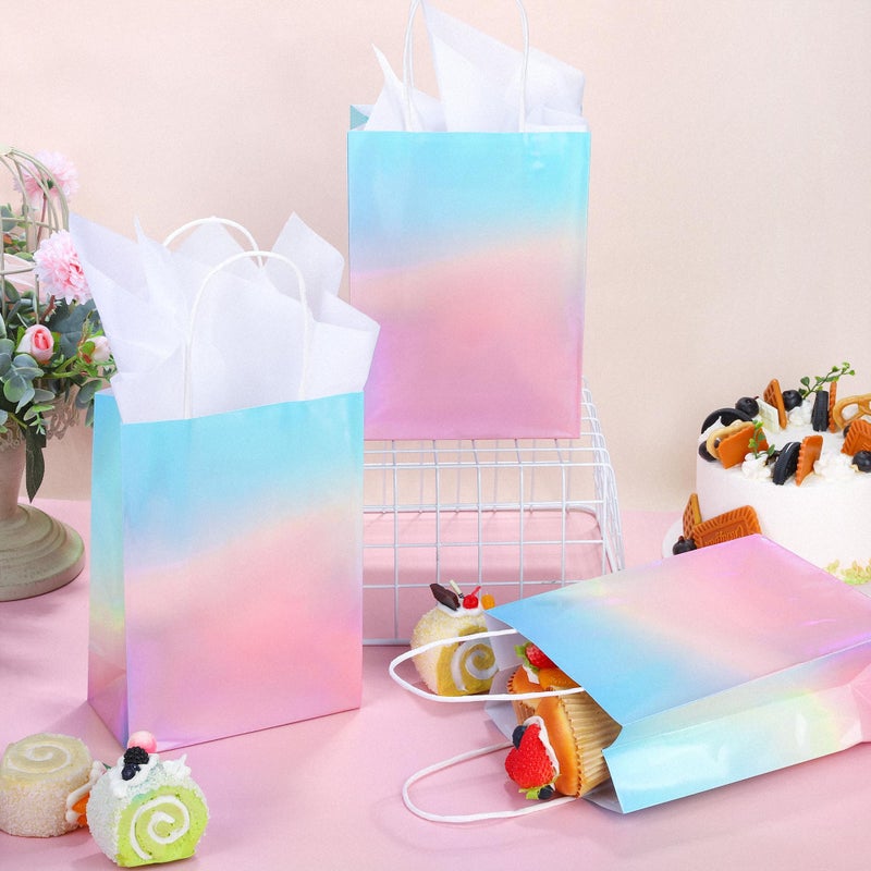 MIMIND 24 Pack Iridescent Paper Gift Bags with Handles Holographic Party Favor Bags with Tissue Paper 8.7 x 6.3 x 3.1 Inch Glitter Gradient Pink and Blue Goodie Candy Bag for Wedding Birthday Parties - Image 4