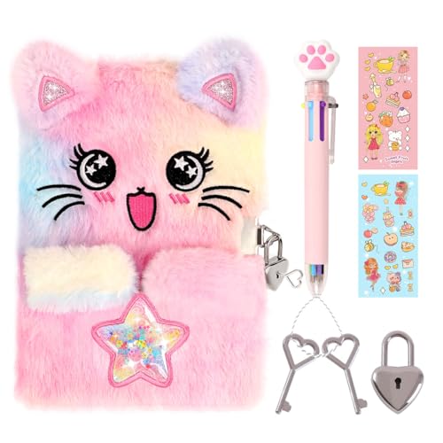 PrinBarBee Cat Diary for Girls with Lock and KeysTieDye Fuzzy Journal for KidsHardcover Fluffy Locking Notebook for Writing and Drawing412 Year Old Girl Birthday A StarCat - Image 1