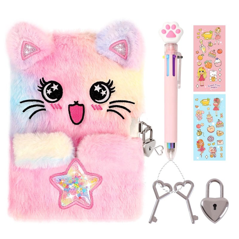 PrinBarBee Cat Diary for Girls with Lock and KeysTieDye Fuzzy Journal for KidsHardcover Fluffy Locking Notebook for Writing and Drawing412 Year Old Girl Birthday A StarCat - Image 2