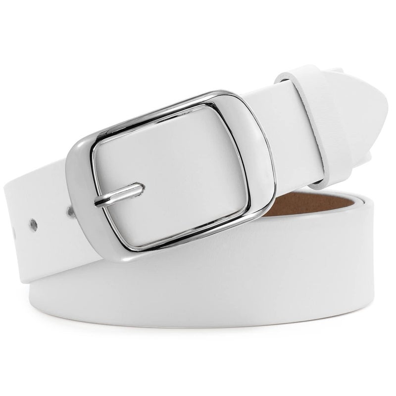 WHIPPY Women Leather Belts for Jeans Pants Fashion Dress Belt for Women with Solid Pin Buckle, White, M - Image 1