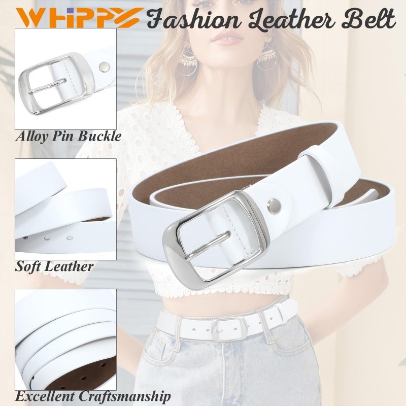 WHIPPY Women Leather Belts for Jeans Pants Fashion Dress Belt for Women with Solid Pin Buckle, White, M - Image 3
