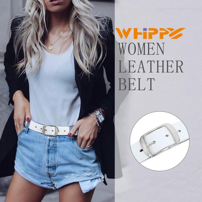 WHIPPY Women Leather Belts for Jeans Pants Fashion Dress Belt for Women with Solid Pin Buckle, White, M - Image 2