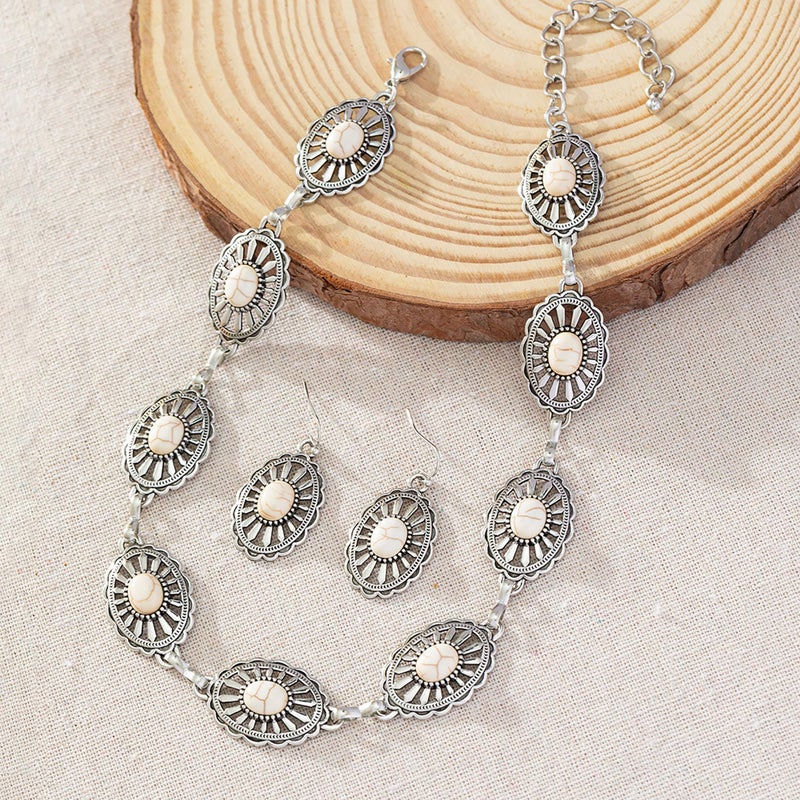 JMScape 4 PCS Western Turquoise Jewelry for Women Boho Vintage Navajo Pearl Necklace Earring Bracelet Ring Set Country Cowgirl Accessories for Gift (L-White) - Image 5