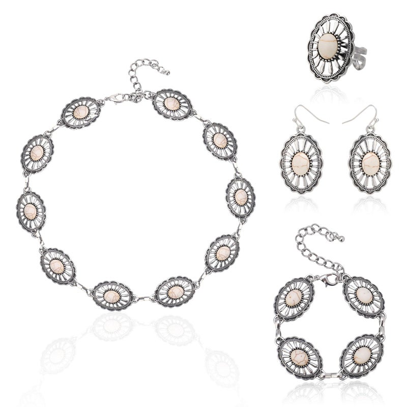 JMScape 4 PCS Western Turquoise Jewelry for Women Boho Vintage Navajo Pearl Necklace Earring Bracelet Ring Set Country Cowgirl Accessories for Gift (L-White) - Image 1