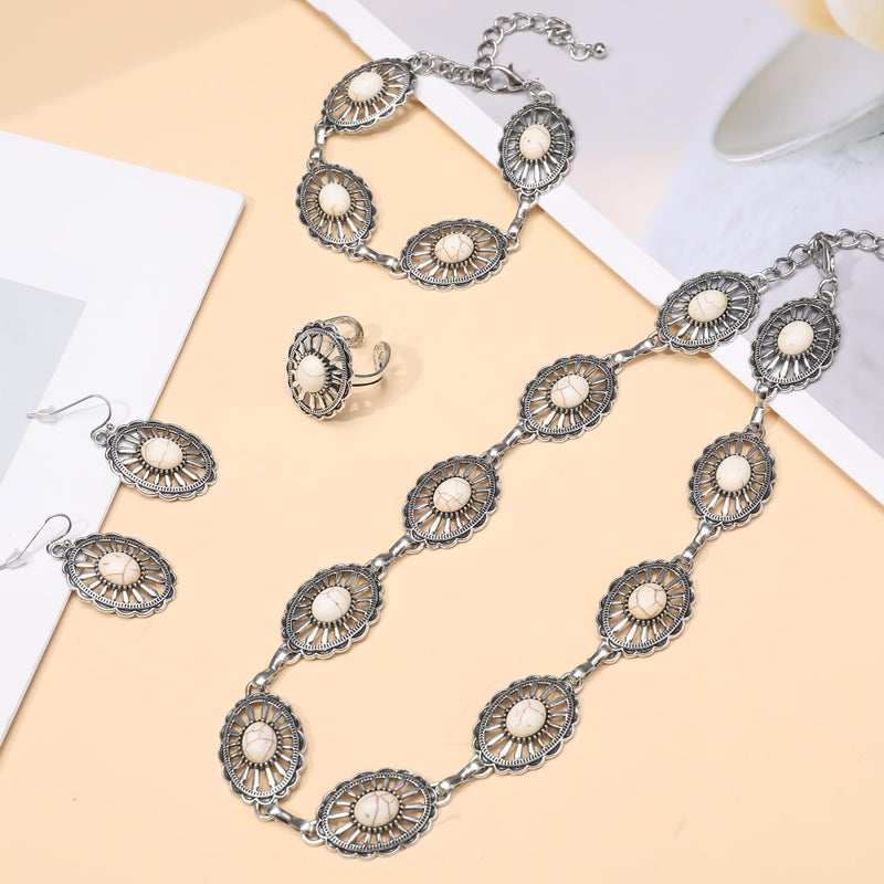 JMScape 4 PCS Western Turquoise Jewelry for Women Boho Vintage Navajo Pearl Necklace Earring Bracelet Ring Set Country Cowgirl Accessories for Gift (L-White) - Image 3