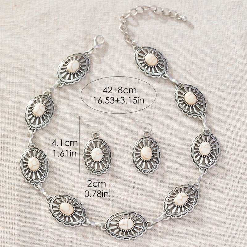 JMScape 4 PCS Western Turquoise Jewelry for Women Boho Vintage Navajo Pearl Necklace Earring Bracelet Ring Set Country Cowgirl Accessories for Gift (L-White) - Image 4