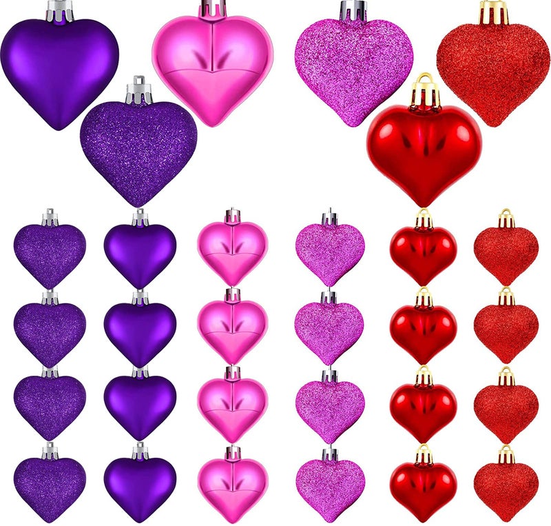 Emopeak Romantic Heart Ornaments for Valentine Tree  24 Pieces Valentine's Day Heart Baubles - 2 Styles (Glossy  Glitter) and 3 Color - Hanging Decorations for Home Hotel Wedding Party - Image 1