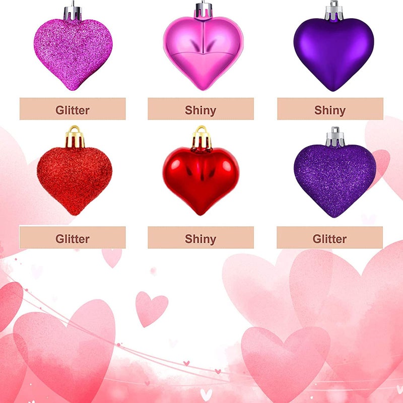 Emopeak Romantic Heart Ornaments for Valentine Tree  24 Pieces Valentine's Day Heart Baubles - 2 Styles (Glossy  Glitter) and 3 Color - Hanging Decorations for Home Hotel Wedding Party - Image 5