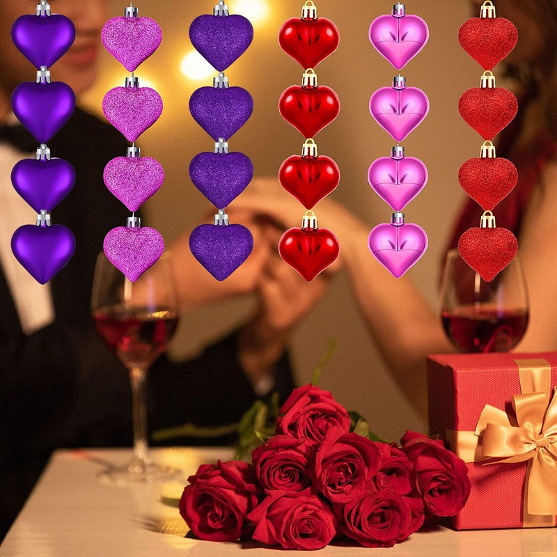 Emopeak Romantic Heart Ornaments for Valentine Tree  24 Pieces Valentine's Day Heart Baubles - 2 Styles (Glossy  Glitter) and 3 Color - Hanging Decorations for Home Hotel Wedding Party - Image 2