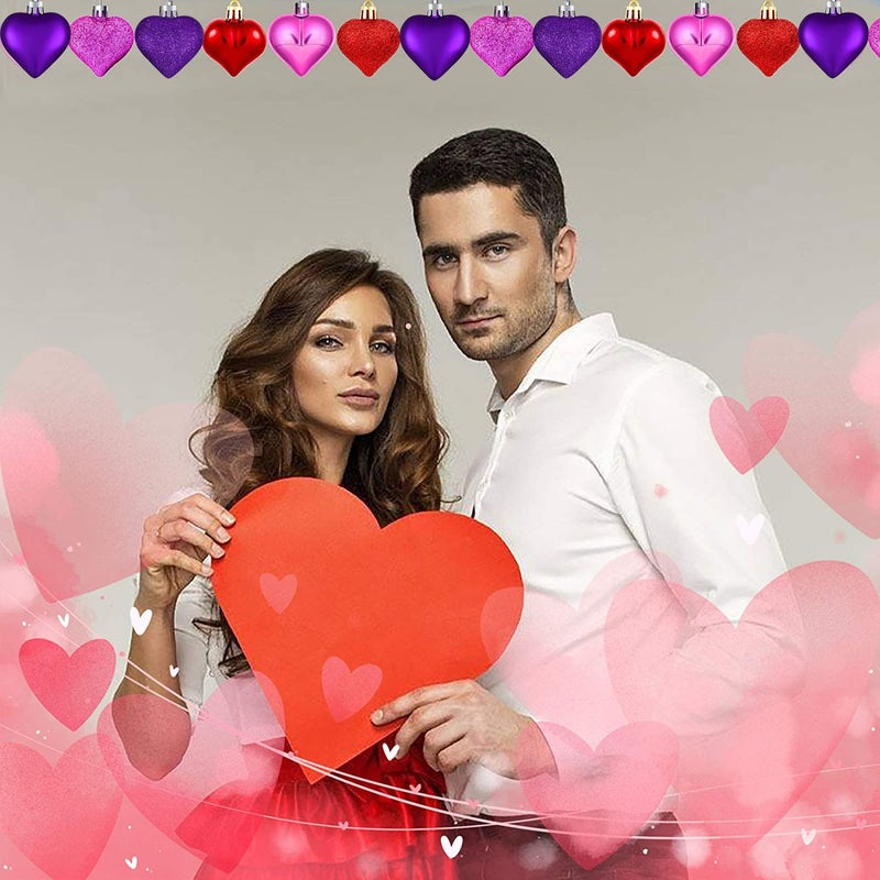 Emopeak Romantic Heart Ornaments for Valentine Tree  24 Pieces Valentine's Day Heart Baubles - 2 Styles (Glossy  Glitter) and 3 Color - Hanging Decorations for Home Hotel Wedding Party - Image 4