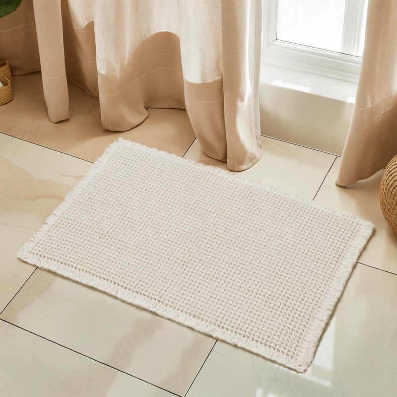 SUBRTEX Waffle Braided Bath Mat, 16" x 24" Soft Waffle Bath Rugs, Absorbent Non Slip Bathrooom Mats, Machine Washable Area Rug for Bathroom, Quick Dry, Off White - Image 1