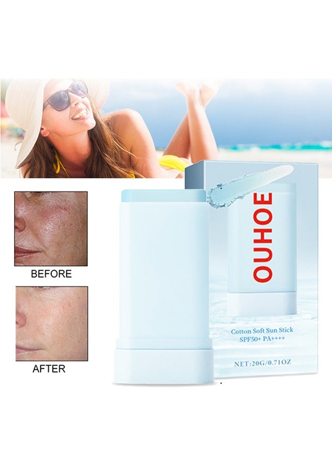 أوهو عصا شمسية قطنية ناعمة SPF50+ PA++++، صيف خارجي مقاوم للأشعة فوق البنفسجية مرطب منعش غير لزج شعور البشرة المريح، عصا واقية من الشمس خفيفة الوزن للوجه، 20 جرام - Image 1