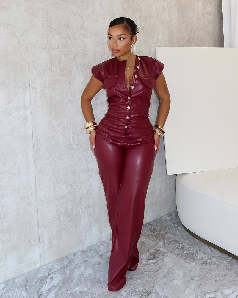 Molilove Womens PU Leather Jumpsuit Sexy Sleeveless Button Top Tight Waist Cargo Pants Bodysuit Party Club Night,Wine,M - Image 2