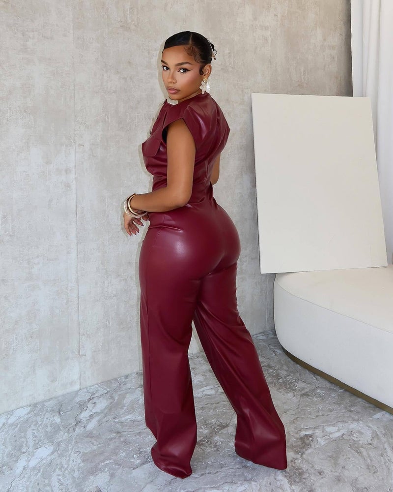 Molilove Womens PU Leather Jumpsuit Sexy Sleeveless Button Top Tight Waist Cargo Pants Bodysuit Party Club Night,Wine,M - Image 5