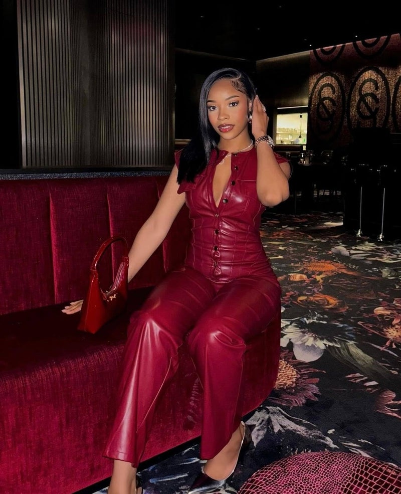 Molilove Womens PU Leather Jumpsuit Sexy Sleeveless Button Top Tight Waist Cargo Pants Bodysuit Party Club Night,Wine,M - Image 4
