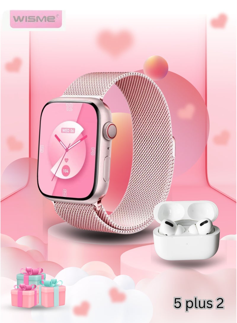 ويزمي ساعة Wisme X33 الذكية الصغيرة مع 5 أحزمة (ألياف دقيقة، سيليكون، ومطاط) + سماعات أذن لاسلكية بيضاء - أفضل مجموعة هدايا أنيقة للفتيات والنساء - Image 1
