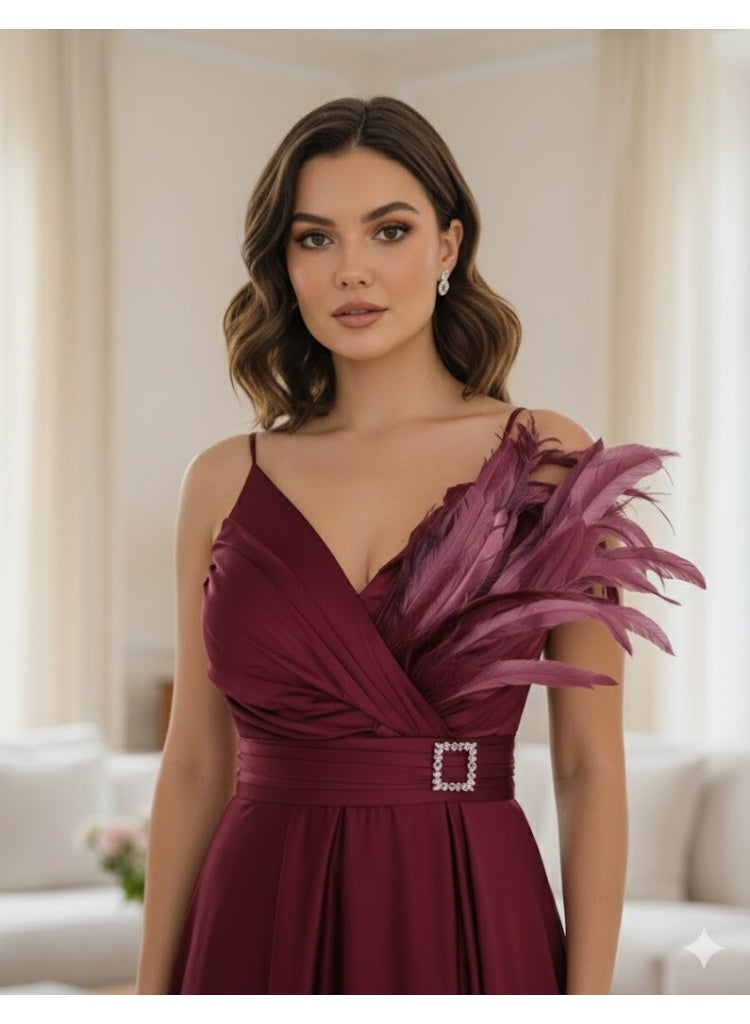 FULL JOY Luxurious Maxi Dresswith feathers and a Distinctive Waist Belt - Image 3