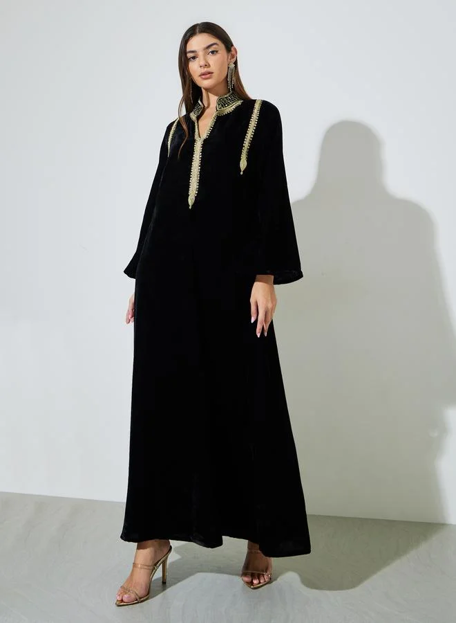 Black Embroidered Stand Collar Velvet Maxi Jalabiya