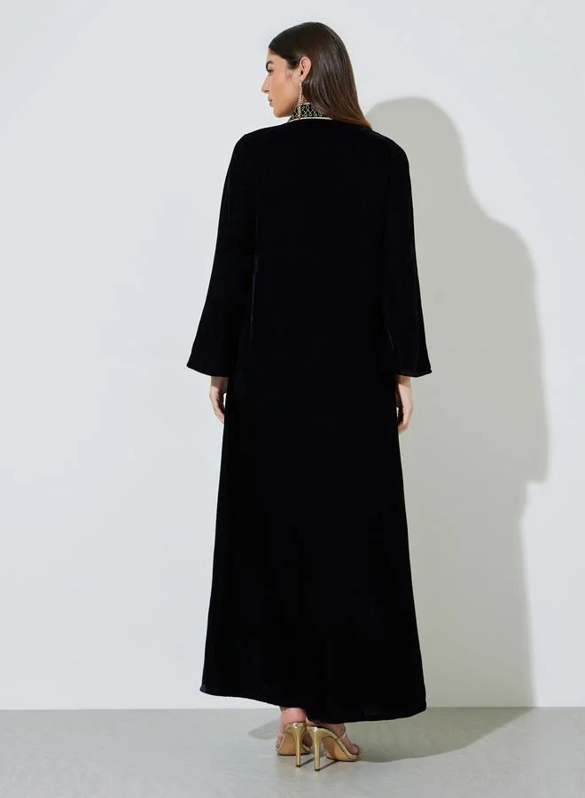 Amirah  Black Embroidered Stand Collar Velvet Maxi Jalabiya for Women | Best Price UAE