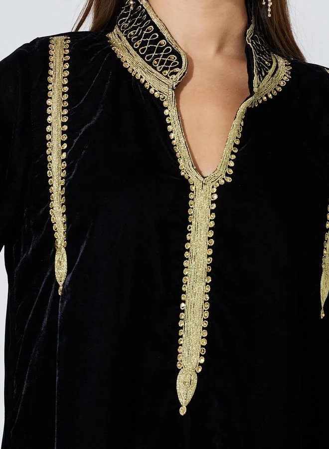 Amirah  Black Embroidered Stand Collar Velvet Maxi Jalabiya for Women | Best Price UAE