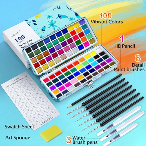 Caliart Watercolor Paint Set, 100 Colors Portable Travel Water Color Palette Kit with Detail Painting Brush, Art Supplies Christmas Gifts for Artists Adults Teen Girls Boys Beginners - Image 2