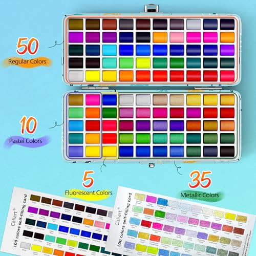 Caliart Watercolor Paint Set, 100 Colors Portable Travel Water Color Palette Kit with Detail Painting Brush, Art Supplies Christmas Gifts for Artists Adults Teen Girls Boys Beginners - Image 4