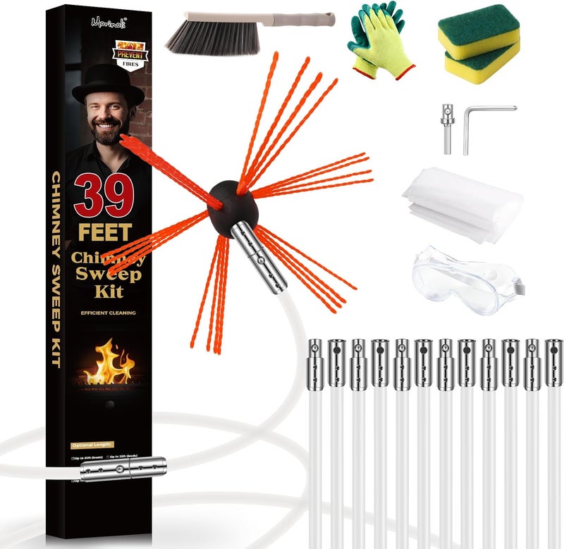 Morinoli 39 Feet Chimney Sweep Kit, Chrome Button Locking System, Chimney Cleaning Kit, Chimney Brush, Chimney Cleaning Tool, Chimney Cleaning System with 12 Flexible Chimney Rods - Image 1