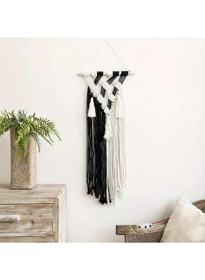 Model A Bohemian Black White Tapestry Wall Hanging Geometric Pattern with Tassels Handwoven Textured Wall Art for Bedroom Living Room - Image 2