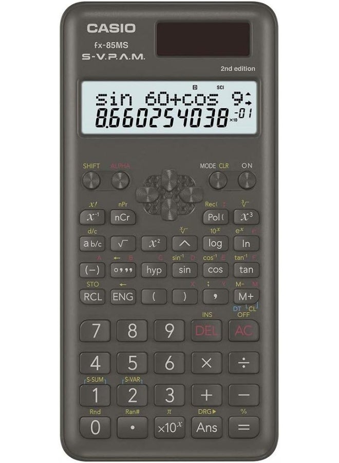 Casio FX-85MS-2 Scientific Calculator with 240 Functions, Natural Display, Solar Power & Hard Cover for Students black