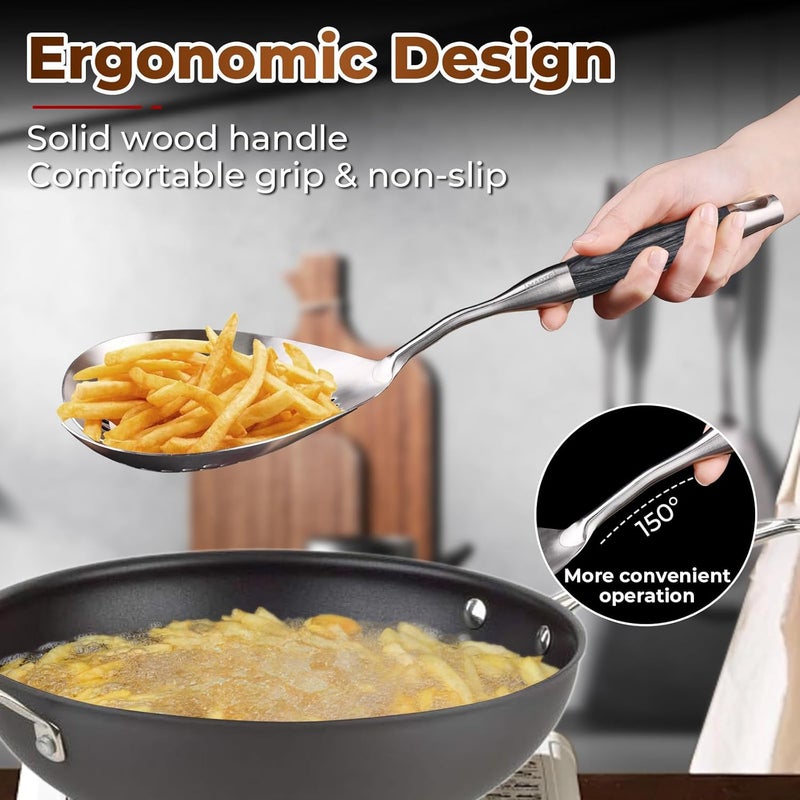 Marte Skimmer Slotted Spoon -16.5in 304 Stainless Steel Pasta Spider Strainer Skimmer Ladle Spoon for Cooking and Frying - Kitchen Metal Scoop Colander Strainer Spoon with Heat Resistant Black Wooden Handle - Image 5