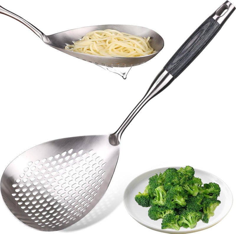 Marte Skimmer Slotted Spoon -16.5in 304 Stainless Steel Pasta Spider Strainer Skimmer Ladle Spoon for Cooking and Frying - Kitchen Metal Scoop Colander Strainer Spoon with Heat Resistant Black Wooden Handle - Image 1