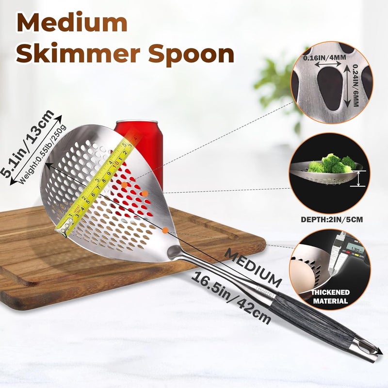 Marte Skimmer Slotted Spoon -16.5in 304 Stainless Steel Pasta Spider Strainer Skimmer Ladle Spoon for Cooking and Frying - Kitchen Metal Scoop Colander Strainer Spoon with Heat Resistant Black Wooden Handle - Image 2