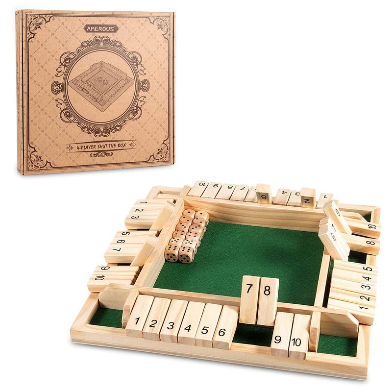 AMEROUS 12 Inches Shut The Box Family Game 14 Players 4 Sided Large Wooden Number Dice Board Game with 12 Dices and Shut The Box Rules for Kids Adults - Image 2