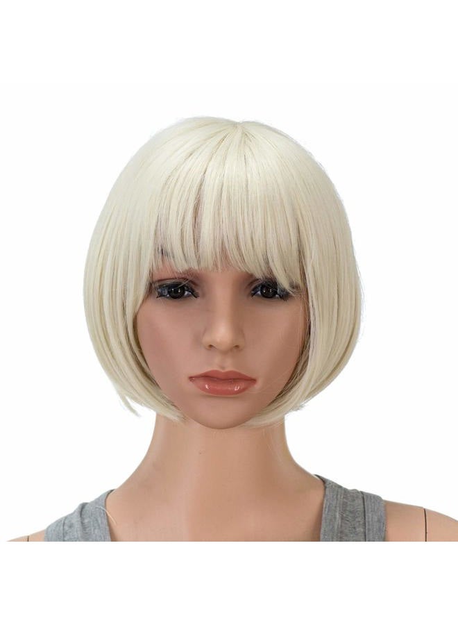 SWACC 10 Inch Short Straight Bob Wig with Bangs Synthetic Colorful Cosplay Daily Party Flapper Wig for Women and Kids with Wig Cap (Platinum Blonde) - Image 1