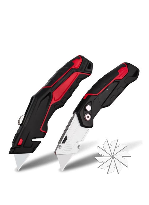 2-Pack Heavy Duty Utility Knife,Quick Change Blade, Retractable and Folding Box Cutter for Cartons, Cardboard and Boxes - With 10pcs SK5 Sharp Blades Included,Blade Storage Design