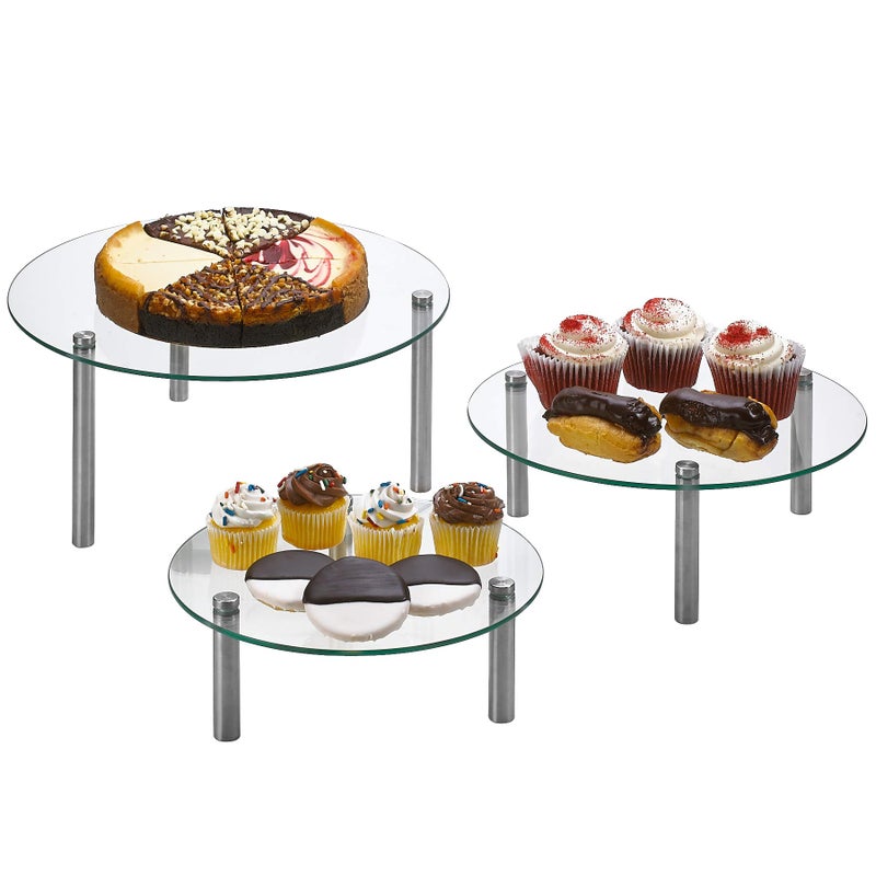 ZAFUU 3 Tier Round Tempered Glass Display Stand 9 11 13 for Cake Cupcakes Desserts Bakery Appetizers  Set of 3 Glass Retail Display Raiser Clear