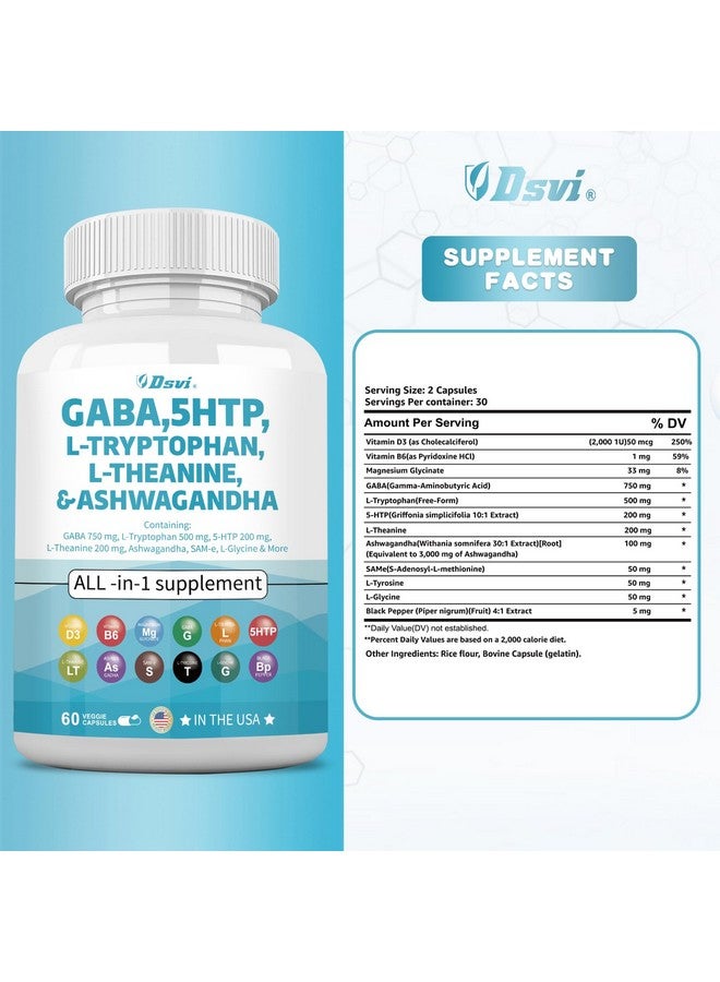 Dsvi 60 Count Gaba 750Mg 5 Htp 200Mg L Tryptophan 500Mg L Theanine 200Mg Ashwagandha 3000Mg Sam-E L-Glycine Mood Support Vitamins For Women And Men With L-Tyrosine Made In Usa