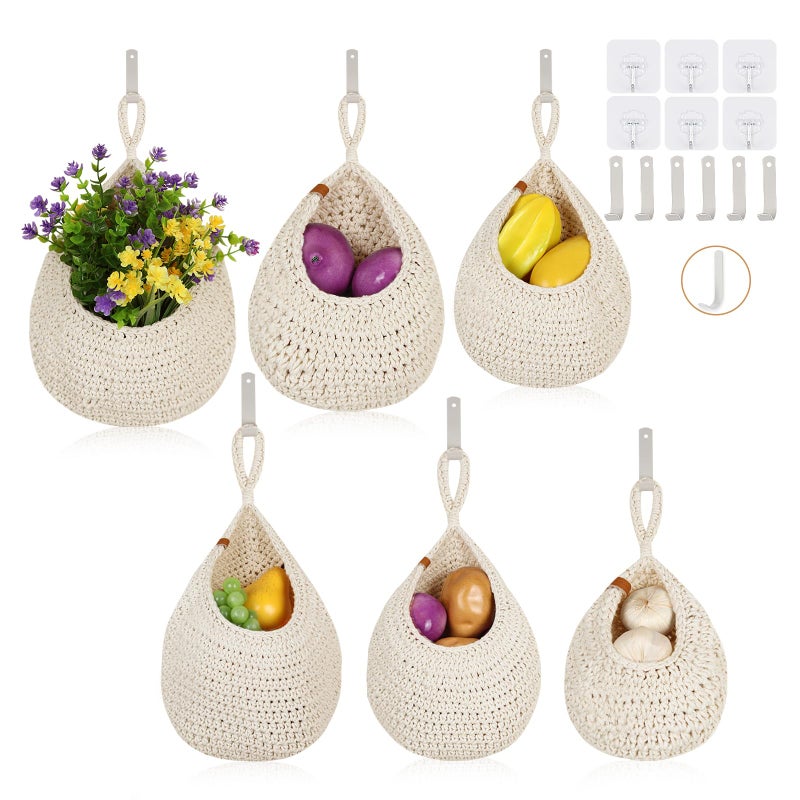 LOCS MICRAI Hanging Fruit Baskets for Kitchen - 6 Pack Boho Wall Hanging Basket,Handwoven Wall Fruits Basket,for Garlic Potato Vegetable Onion Teardrop Home Hanging Storage Baskets(White Classicï¼‰ - Image 1